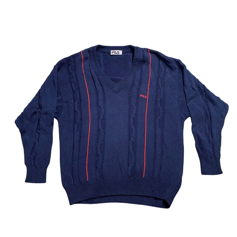 Vintage 80s FILA Navy 100% Cotton Sweater Italy Preppy Tennis Size US 42 Large